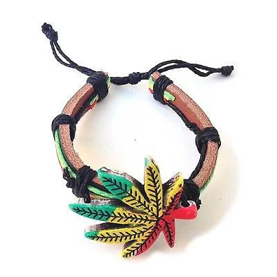 Bangle bracelets with enamel inlay designs for a colorful and eye-catching appearance-Rasta Canna Leaf Ganja Leaf Bracelet Hippie Reggae Jamaica One Love Bob IRIE