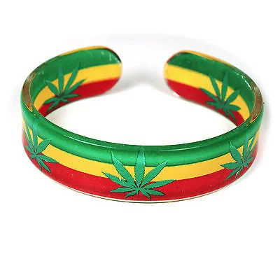 Best bangle bracelets with vibrant stones for a rich and colorful appearance-Rasta Hard Plastic Weed Leaf Bracelet Rastafari Bangle Jamaica Reggae Irie VIBES