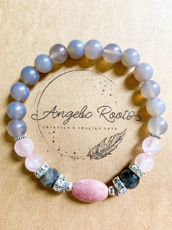 Best bangle bracelets for stacking with delicate and thin designs for layering-Rhodochrosite, Rose Quartz, Labradorite, & Gray Agate Beaded Bracelet || Reiki Infused