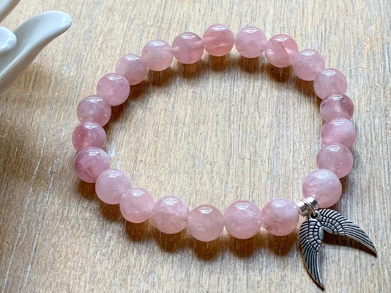 Vintage-inspired bangle bracelets with antique finishes for a retro, nostalgic style-Rose Quartz & Angel Wings Natural Crystal Bracelet || Reiki Infused