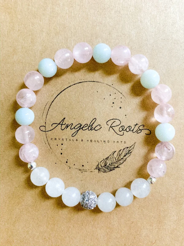 Silver bangle bracelets with hammered textures for a rustic and modern finish-Rose Quartz, Aventurine, Milky Quartz & Pave Crystal Bracelet || Reiki Infused