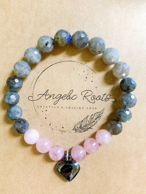 Best bangle bracelets with crystal accents for added sparkle and glamour-Rose Quartz, Labradorite, and Hematite Beaded Bracelet || Reiki Infused