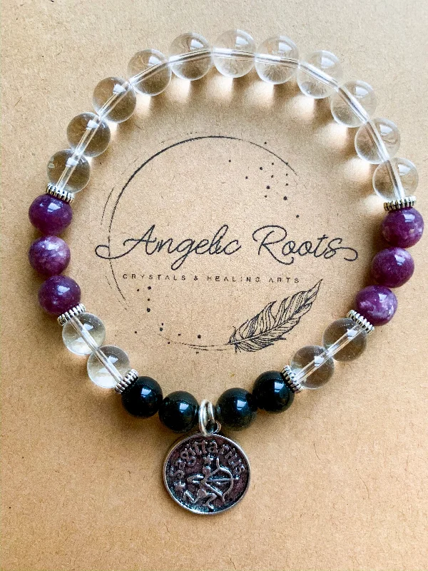 Best bangle bracelets with hand-crafted details for a unique and artisanal touch-SAGITTARIUS Clear Quartz, Lepidolite, Golden Sheen Obsidian Beaded Bracelet || Reiki Infused