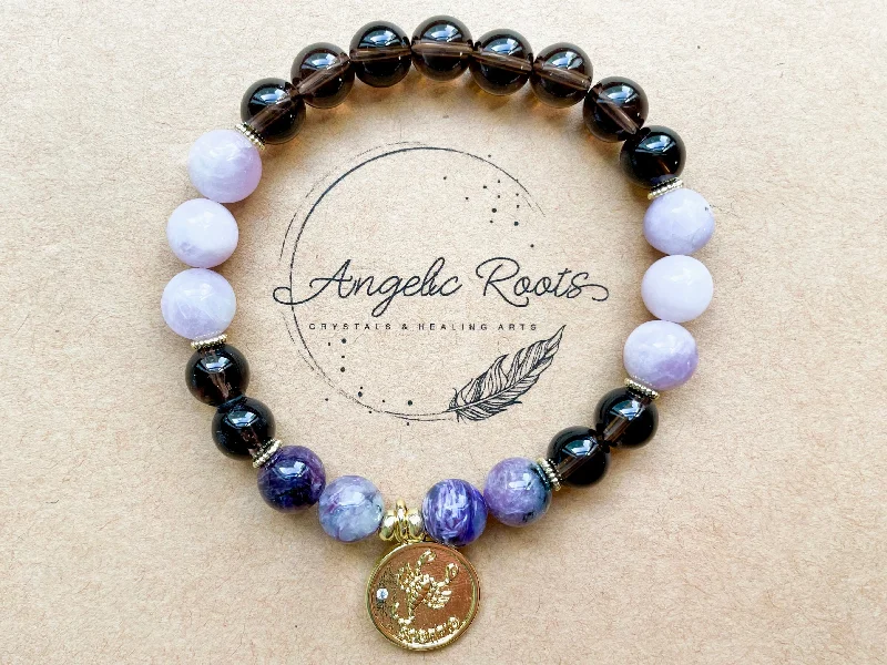 Art deco bangle bracelets with bold lines and shapes for a vintage-inspired flair-SCORPIO GOLD EDITION Smoky Quartz, Kunzite, Charoite Beaded Bracelet || Reiki Infused