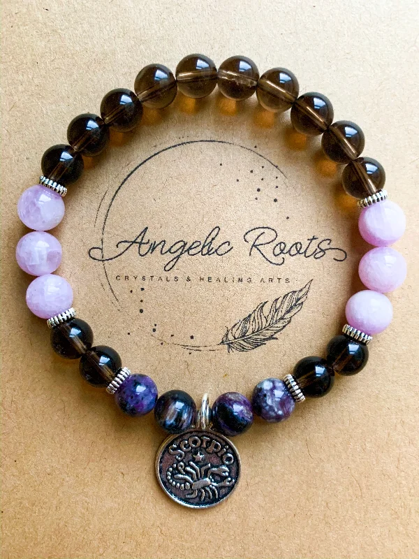 Minimalist bangle bracelets with a thin profile for a sleek and subtle appearance-SCORPIO Smoky Quartz, Kunzite, Charoite Beaded Bracelet || Reiki Infused