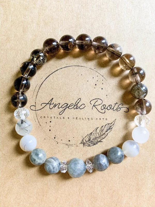 Best bangle bracelets with smooth sterling silver for a polished, refined finish-Smoky Quartz, Tourmalinated Quartz, Clear Quartz, Labradorite & Gray Agate Beaded Bracelet || Reiki Infused