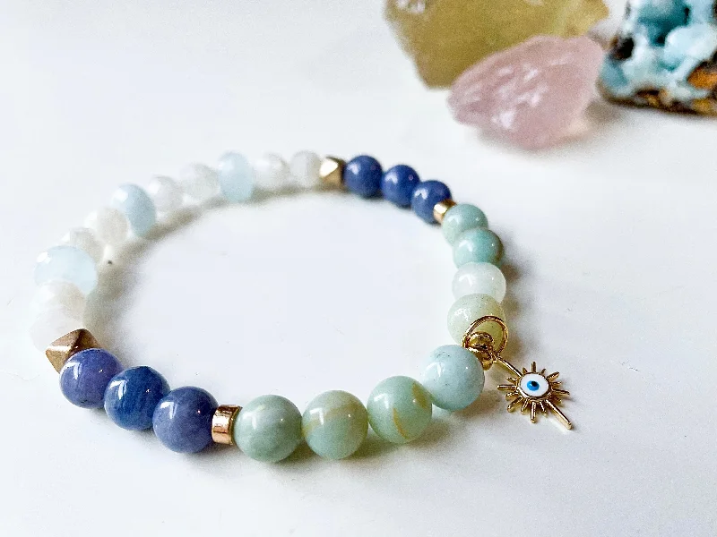 Best bangle bracelets with nature-inspired designs like leaves and flowers-Amazonite, Tanzanite, Moonstone & Aquamarine Evil Eye Beaded Bracelet