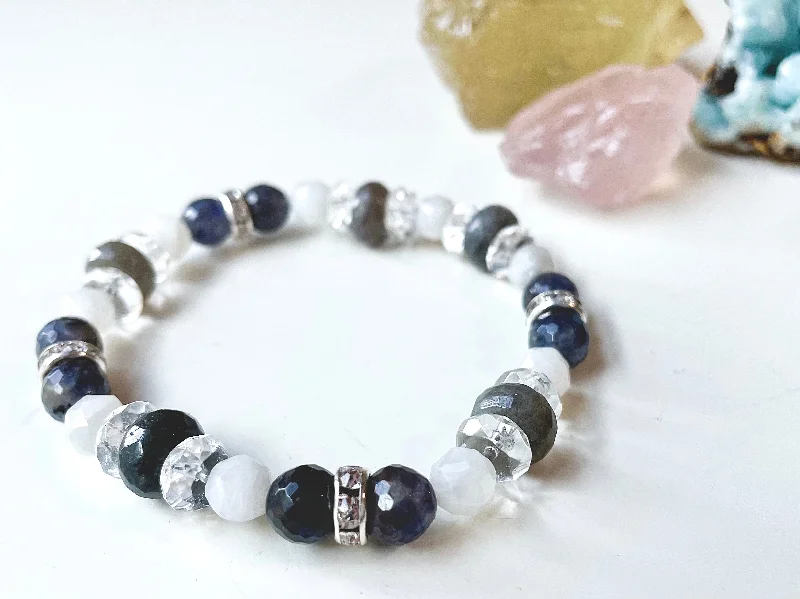 Best bangle bracelets with twisted rope designs for a textured, nautical-inspired look-Iolite, Labradorite, Moonstone & Clear Quartz Beaded Bracelet