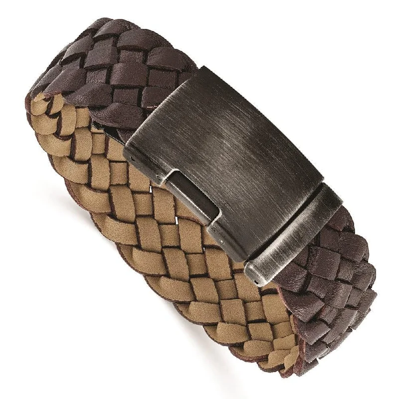 Bangle bracelets with polished marble inlays for a chic and trendy appearance-Stainless Steel Antiqued and Brushed Brown Braided Leather 9in Bracelet