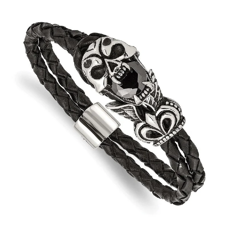 Best bangle bracelets with braided designs for a textured and sophisticated look-Stainless Steel Antiqued and Polished w/ Glass Leather Bracelet