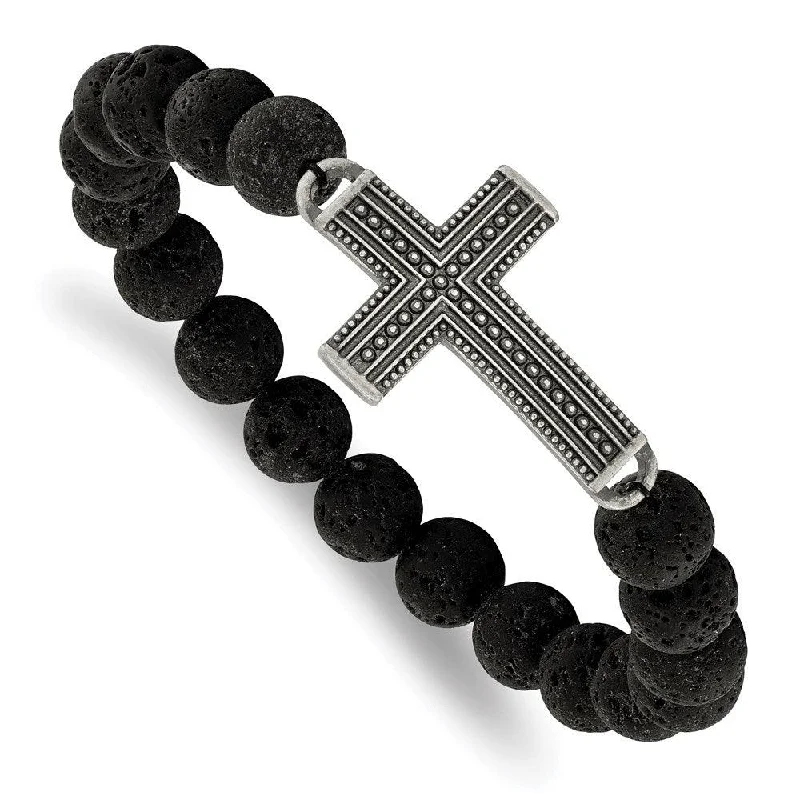 Bangle bracelets with polished marble inlays for a chic and trendy appearance-Stainless Steel Antiqued GunMetal IP w/Lava Stone Cross Stretch Bracelet