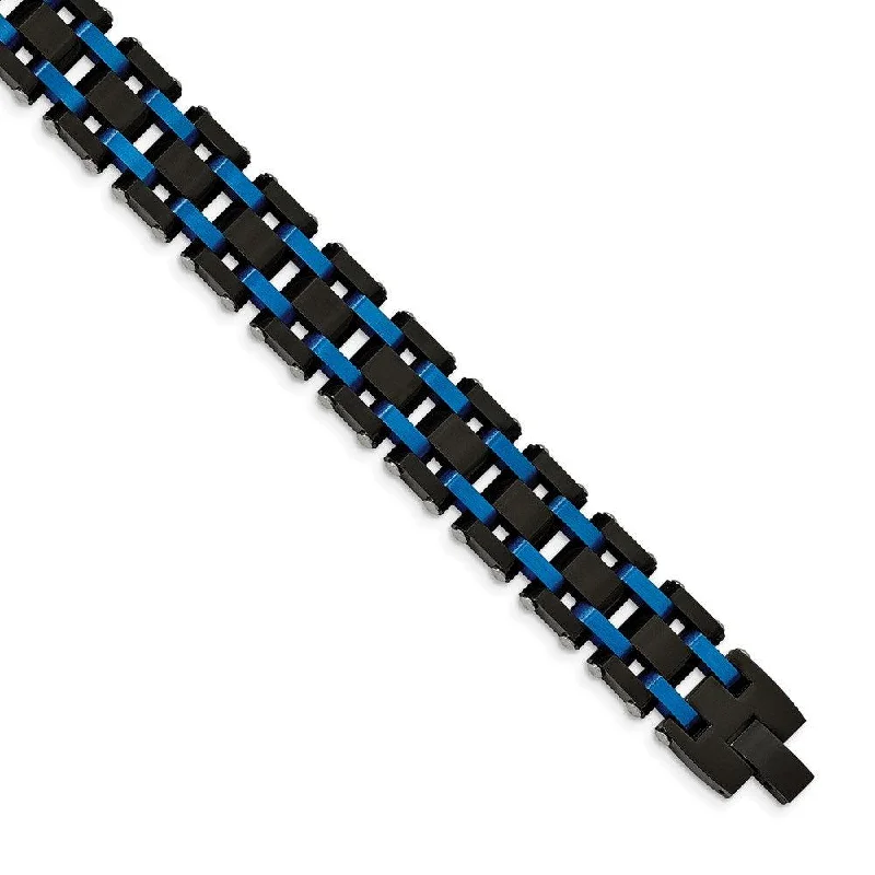 Best bangle bracelets with enamel detailing for a colorful and unique design-Stainless Steel Brushed and Polished Black/Blue IP-plated 8.5in Bracelet