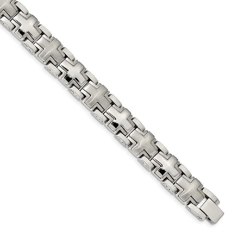 Best bangle bracelets with braided designs for a textured and sophisticated look-Stainless Steel Brushed and Polished Cross 8.25in Heavy Link Bracelet