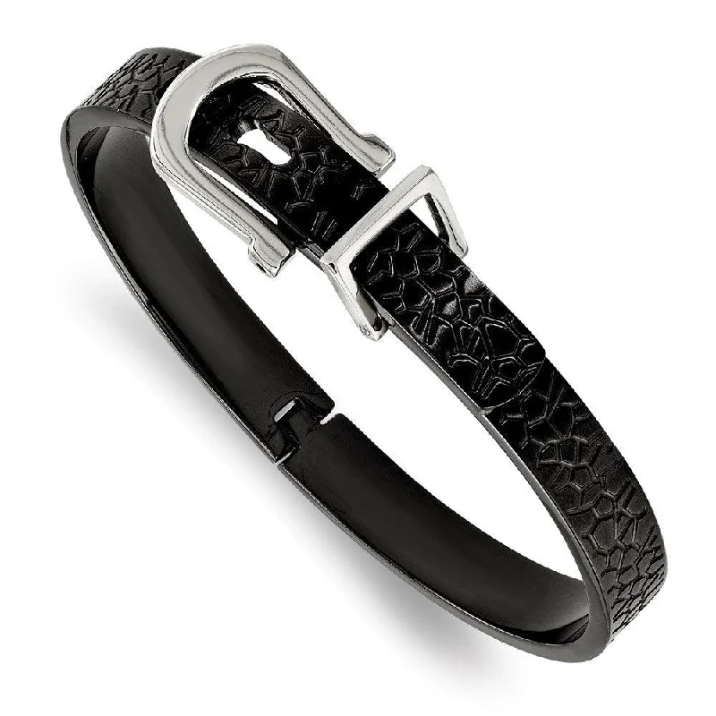 Best bangle bracelets with crystal accents for added sparkle and glamour-Stainless Steel Brushed and Textured Black IP-plated Hinged Bangle