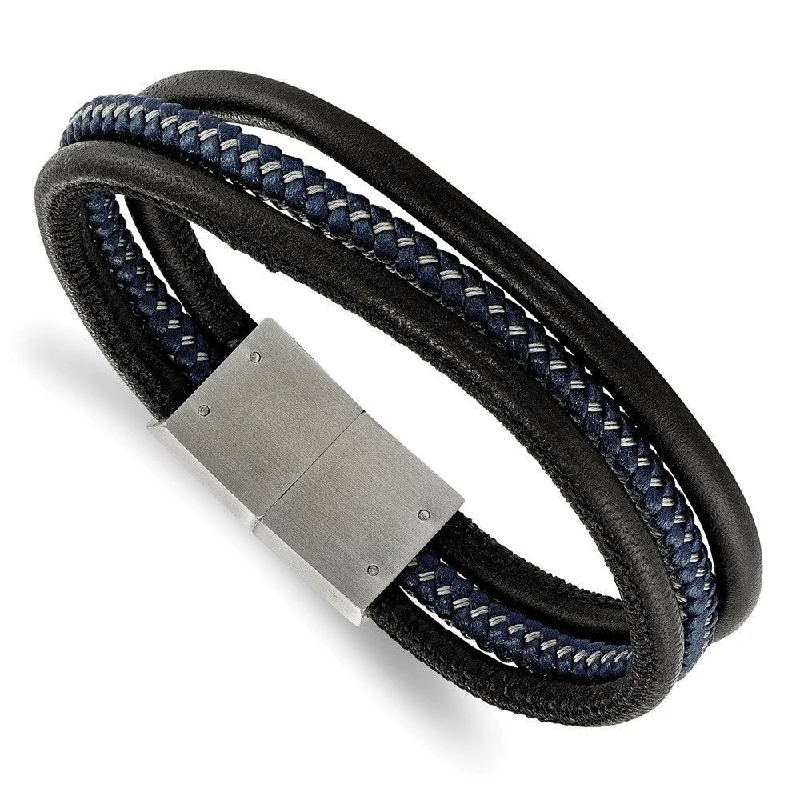 Best bangle bracelets with gold-filled material for an affordable luxury option-Stainless Steel Brushed Black & Blue Braided Leather Multi 8in Bracelet