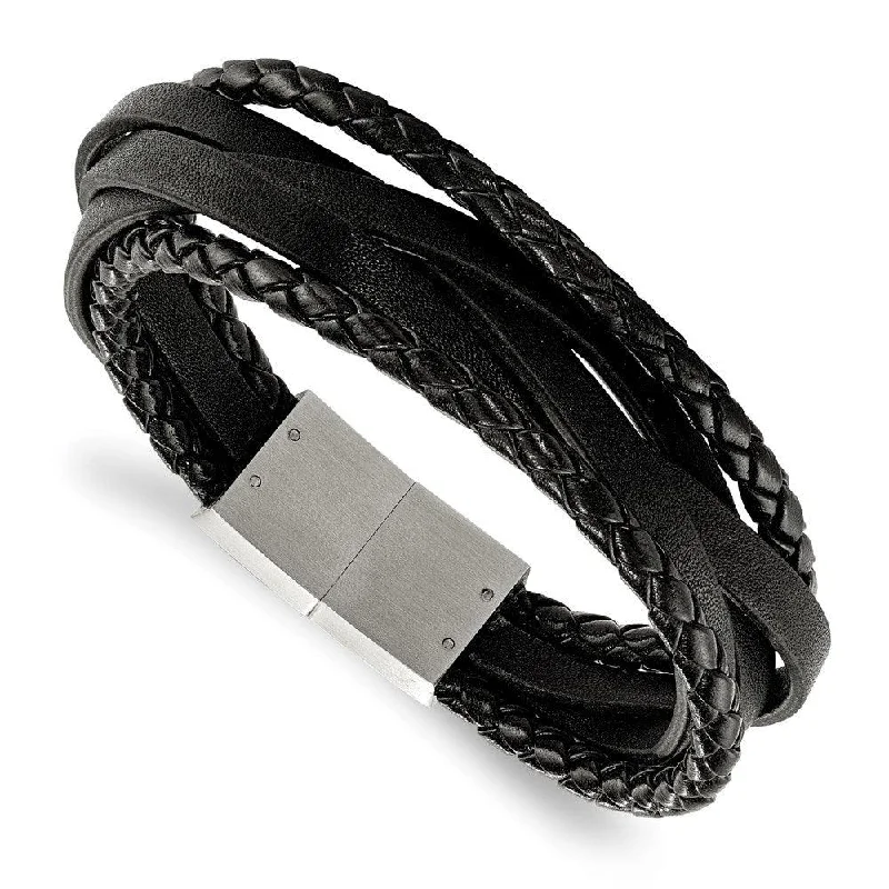 Best bangle bracelets with clear acrylic for a modern, transparent design-Stainless Steel Brushed Black Genuine Leather Braided Multi 8.25in Bracelet