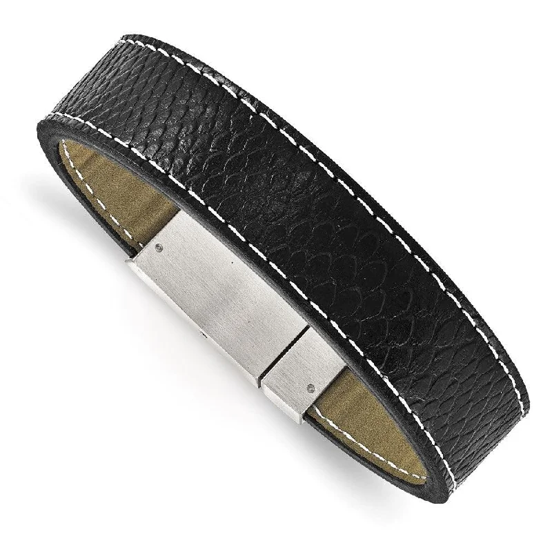 Best bangle bracelets with bright enamel colors for a fun and youthful style-Stainless Steel Brushed Black Leather Bracelet