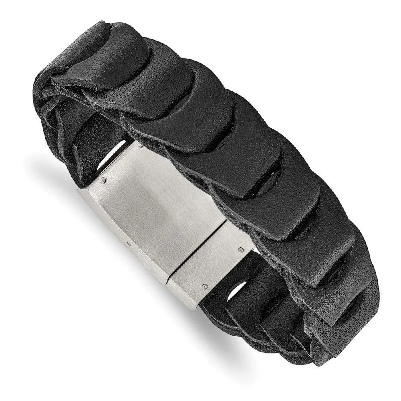 Wide metal bangle bracelets with engraved patterns for a luxurious and intricate look-Stainless Steel Brushed Black Leather Bracelet