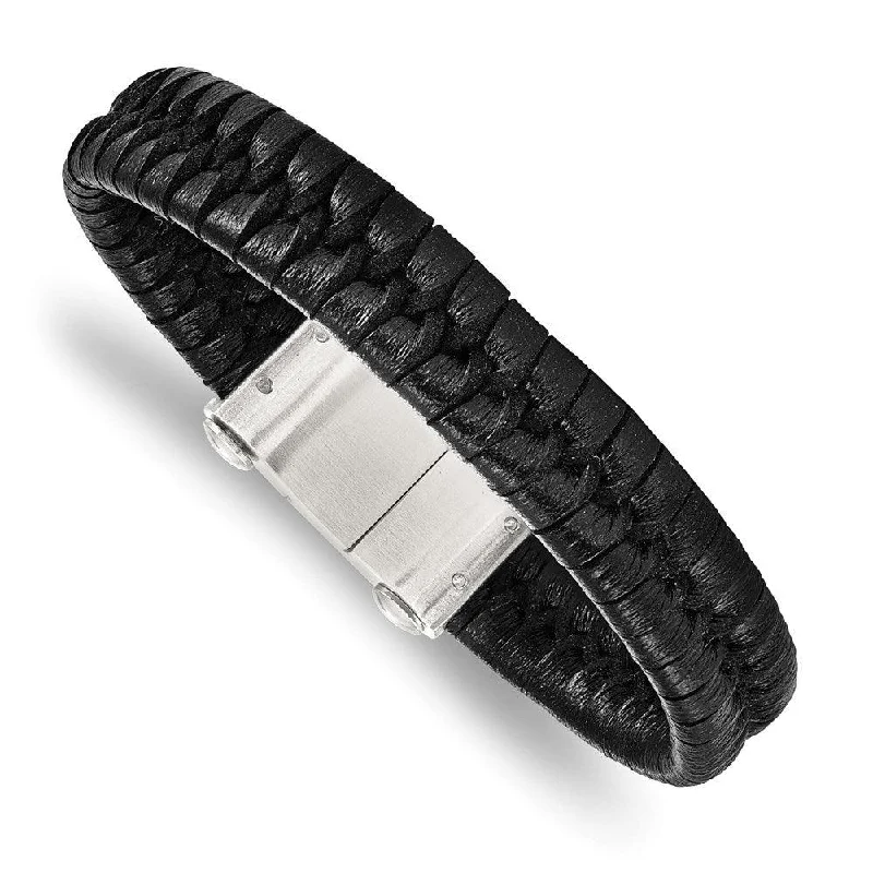 Best bangle bracelets with pearls and crystals for a glamorous and sophisticated look-Stainless Steel Brushed Black Leather Bracelet