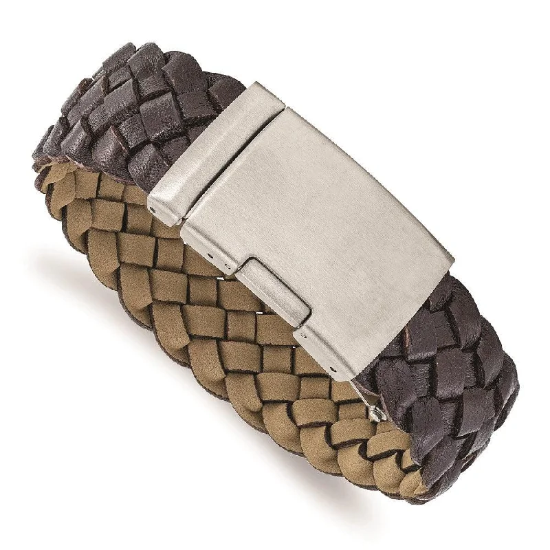 Best bangle bracelets with sapphire stones for an elegant and rich pop of color-Stainless Steel Brushed Brown Leather Bracelet