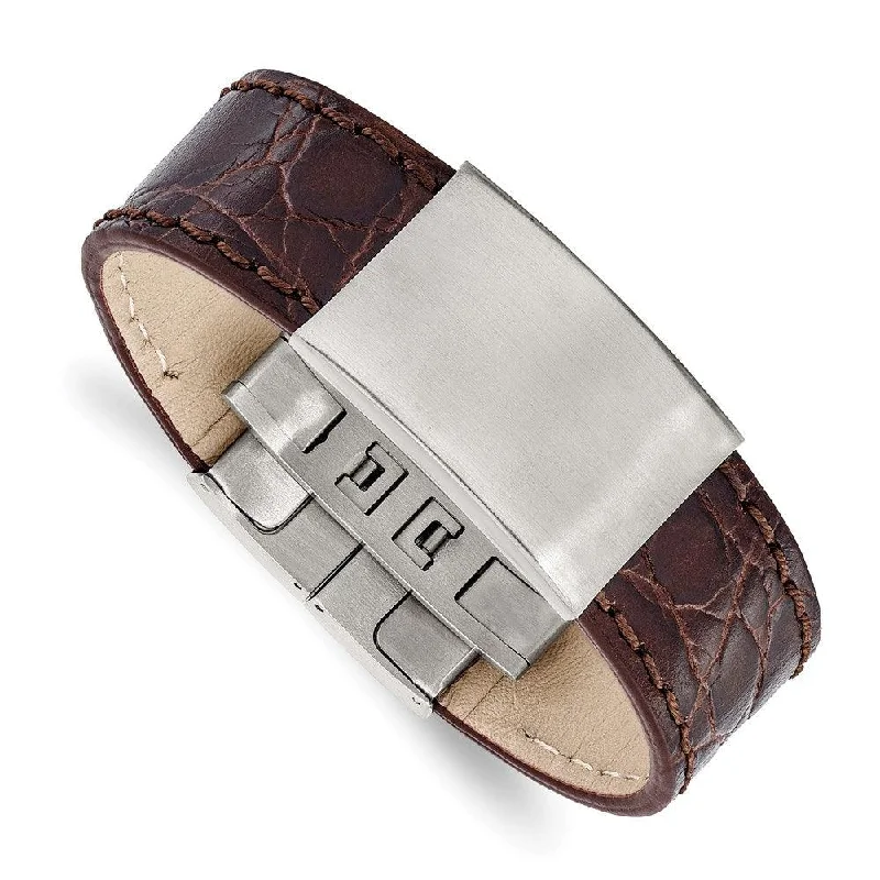 Chunky bangle bracelets with metallic finishes for a bold and statement-making look-Stainless Steel Brushed Dark Brown Leather ID Bracelet