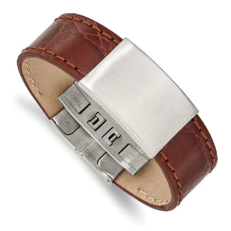 Thin bangle bracelets with mixed metals for a contemporary and versatile look-Stainless Steel Brushed Medium Brown Leather ID Bracelet