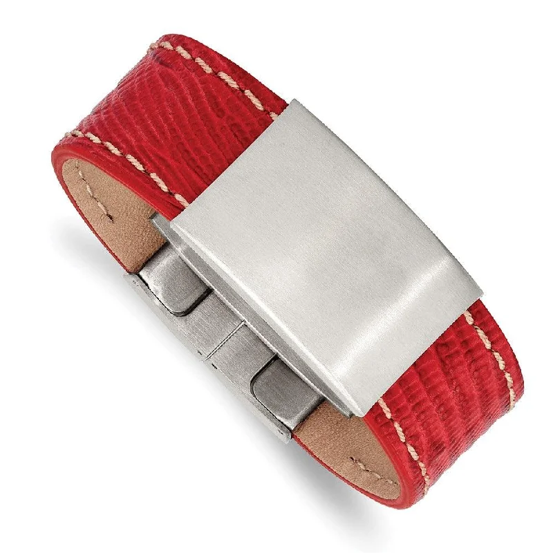 Best bangle bracelets with sapphire stones for an elegant and rich pop of color-Stainless Steel Brushed Red Leather 8in ID Bracelet