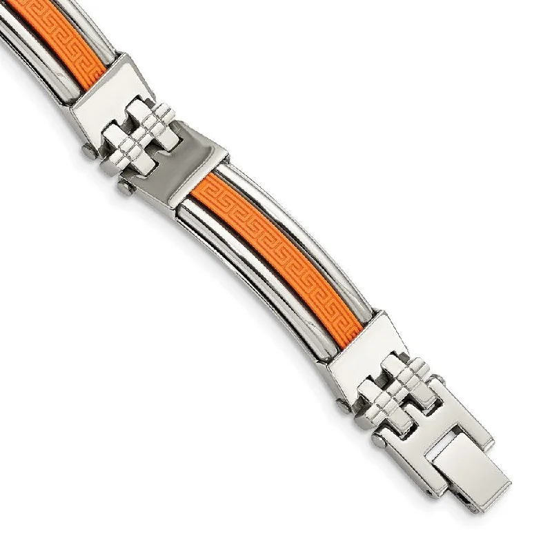 Traditional gold bangle bracelets with a smooth finish for a classic look-Stainless Steel Orange Rubber 9in Bracelet