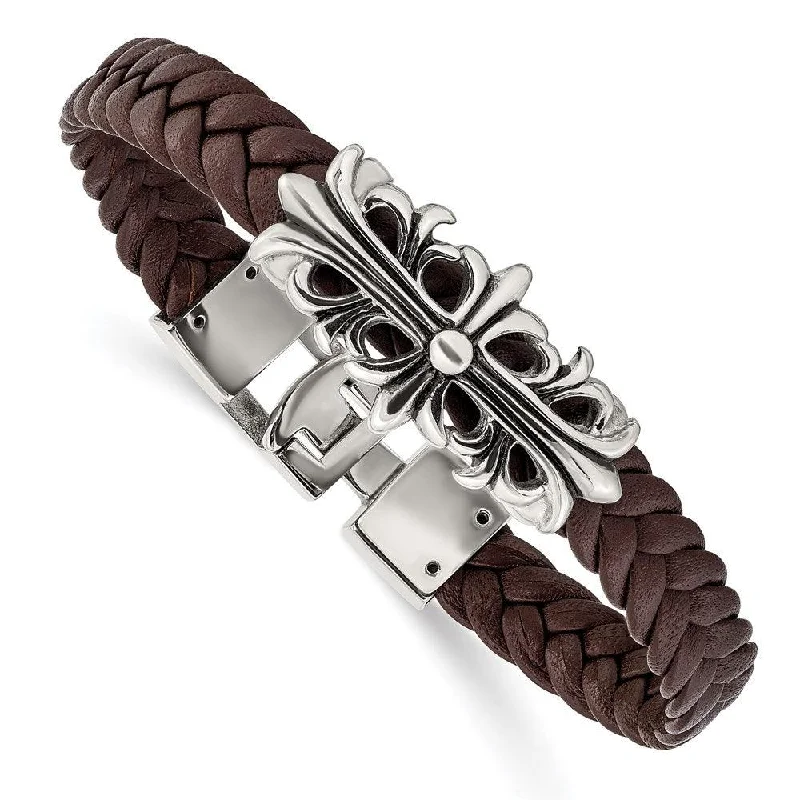 Best bangle bracelets with minimalist silver designs for a timeless, versatile look-Stainless Steel Polished Antiqued Brown Leather Filigree Bracelet