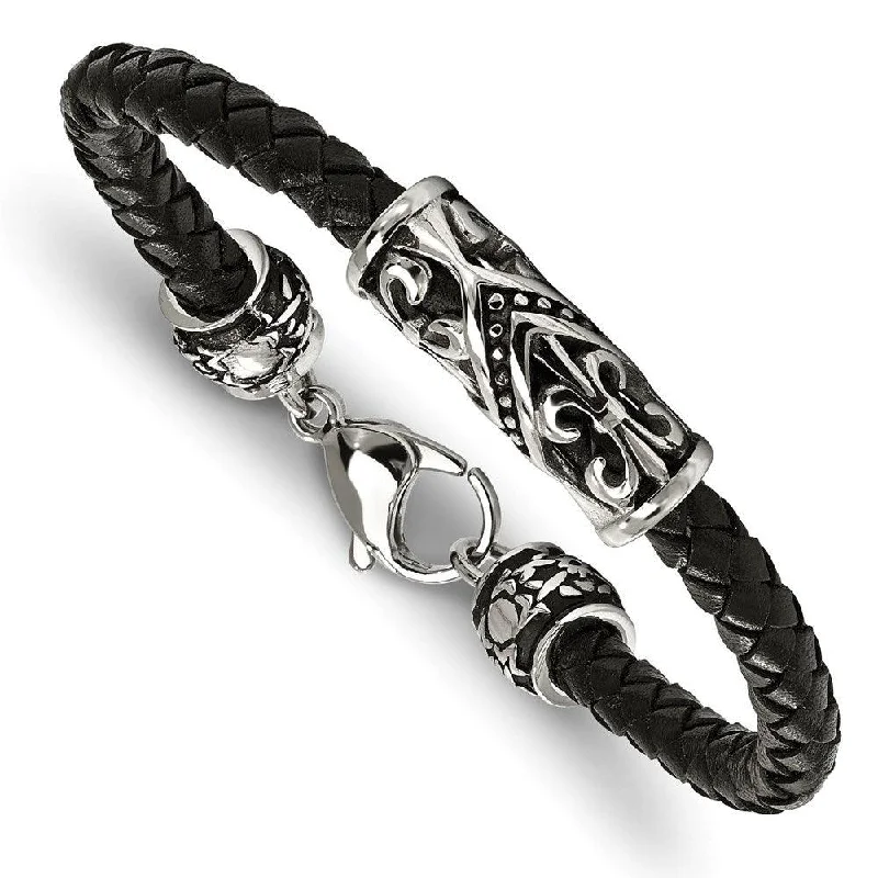 Best bangle bracelets with unique stone inlays for a one-of-a-kind accessory-Stainless Steel Polished Antiqued Fleur De Lis Black Leather Bracelet