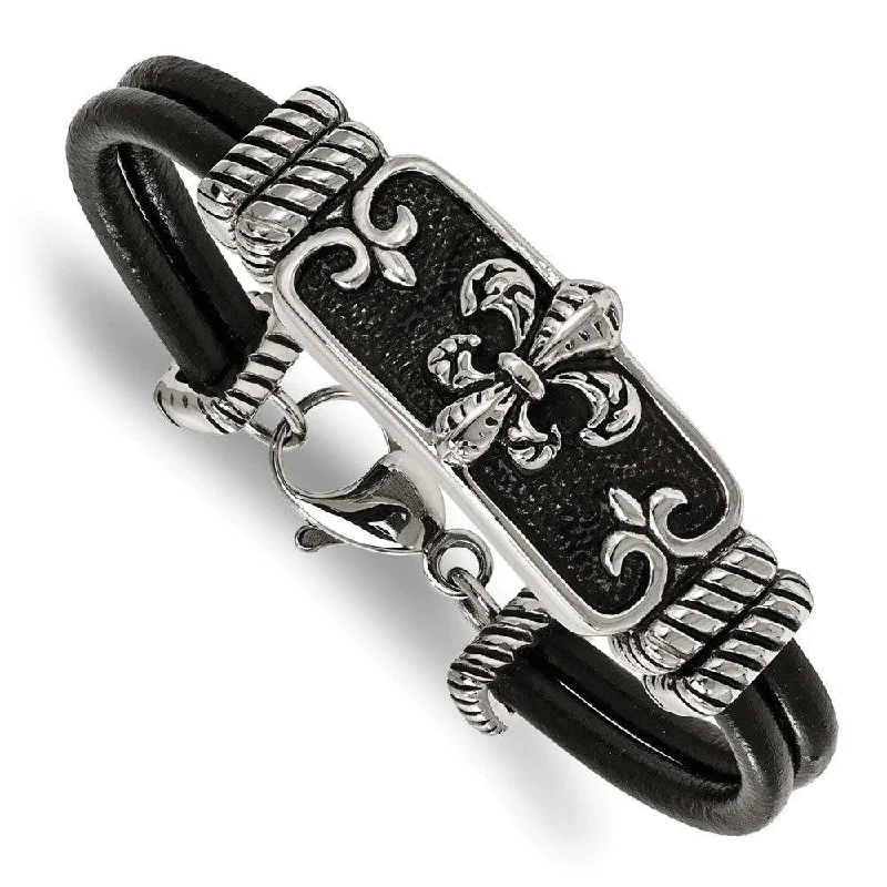 Bangle bracelets with open-ended designs for a modern and adjustable fit-Stainless Steel Polished Antiqued Fleur De Lis Black Leather Bracelet