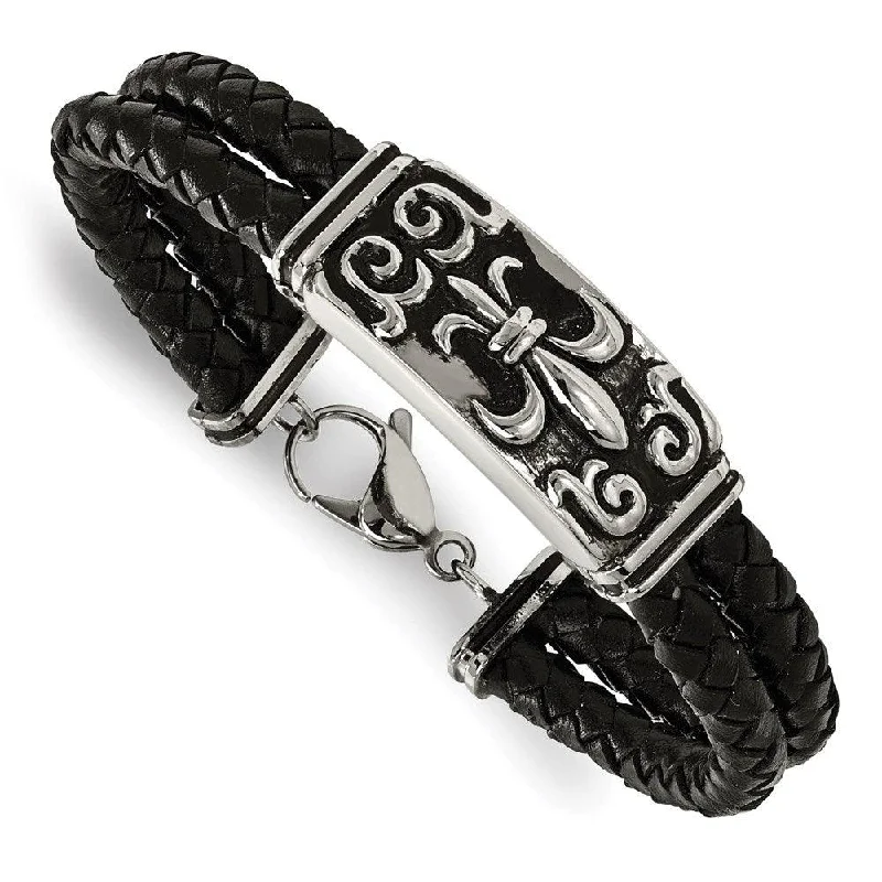 Stacked bangle bracelets with alternating textures for a dynamic, trendy look-Stainless Steel Polished Antiqued Fleur De Lis Black Leather Bracelet