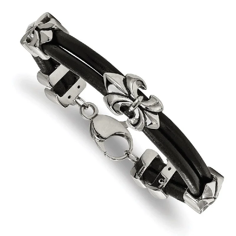 Elegant bangle bracelets with diamond-cut designs for added sparkle and elegance-Stainless Steel Polished Antiqued Fleur De Lis Black Leather Bracelet