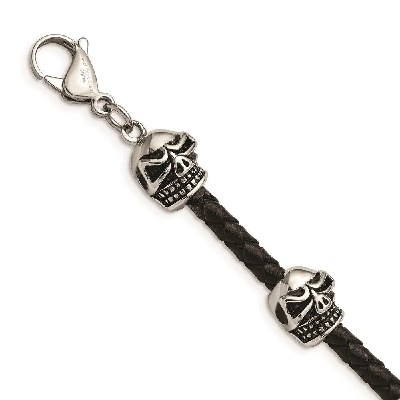 Best bangle bracelets with unique stone inlays for a one-of-a-kind accessory-Stainless Steel Polished Antiqued Leather Skull Bracelet