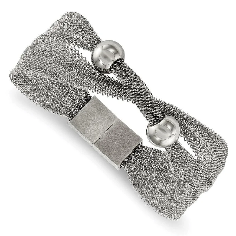 Thin bangle bracelets with mixed metals for a contemporary and versatile look-Stainless Steel Polished Bead Mesh 7in Bracelet