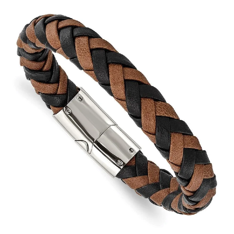 Best bangle bracelets with sapphire stones for an elegant and rich pop of color-Stainless Steel Polished Black and Brown Leather 8.5in Bracelet