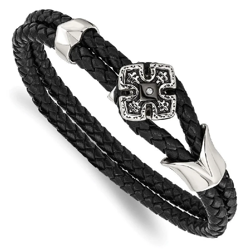 Best bangle bracelets with smooth sterling silver for a polished, refined finish-Stainless Steel Polished Black IP Braided Black Leather CZ Bracelet