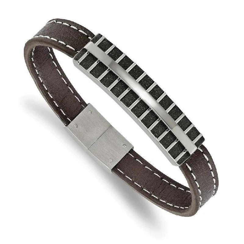 Elegant bangle bracelets with diamond-cut designs for added sparkle and elegance-Stainless Steel Polished Black IP Lasercut Brown Leather 8.25in Bracelet