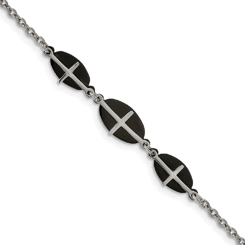 Best bangle bracelets for stacking with delicate and thin designs for layering-Stainless Steel Polished Black IP-plated 7in w/1in ext. Cross Bracelet