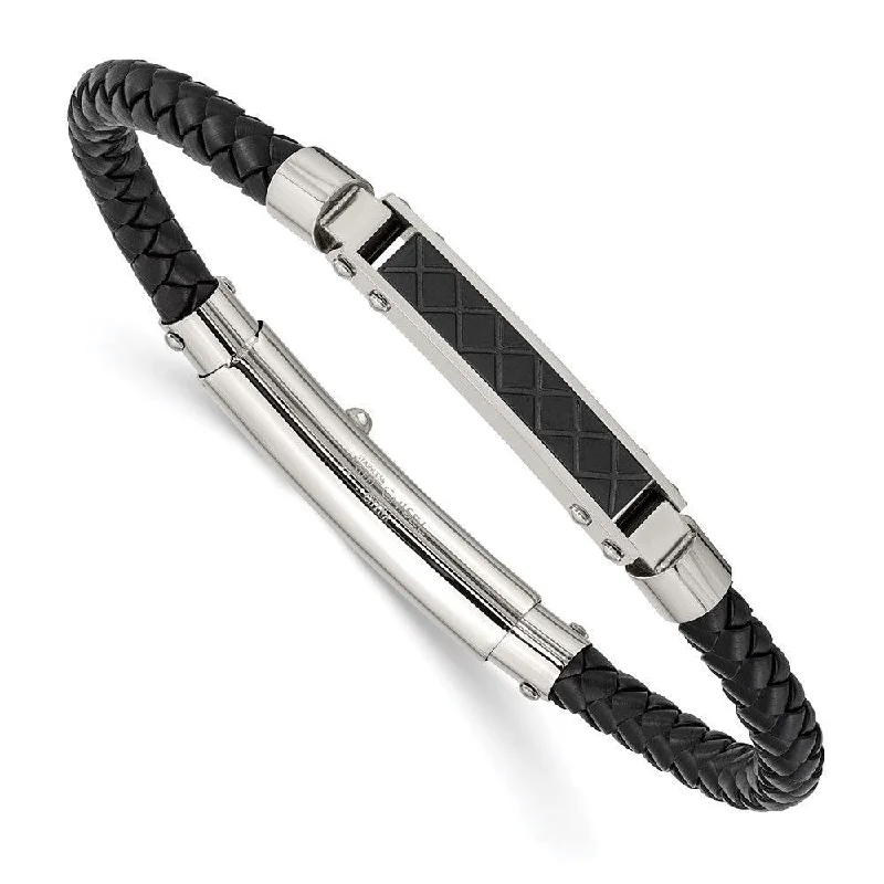 Wide bangle bracelets with modern geometric patterns for a bold fashion statement-Stainless Steel Polished Black Leather Black IP Adj. Bracelet