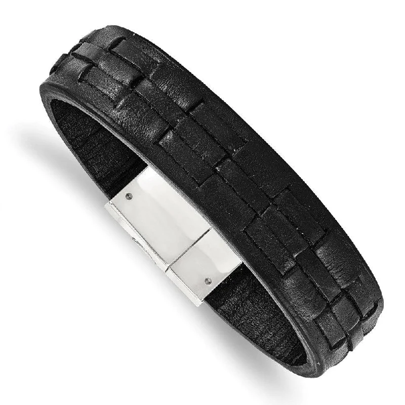 Minimalist bangle bracelets with a thin profile for a sleek and subtle appearance-Stainless Steel Polished Black Leather Bracelet