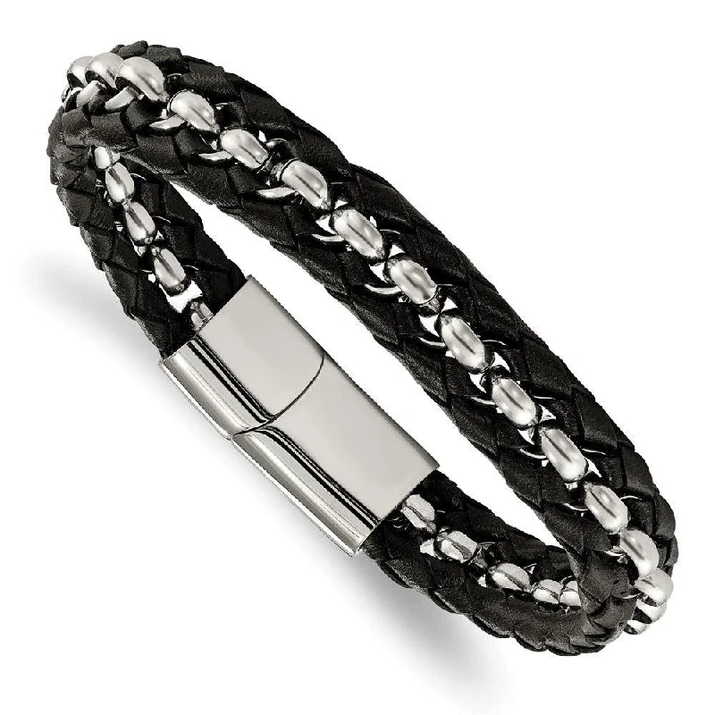 Stacked bangle bracelets with alternating textures for a dynamic, trendy look-Stainless Steel Polished Black Leather Braided 8.5in Bracelet