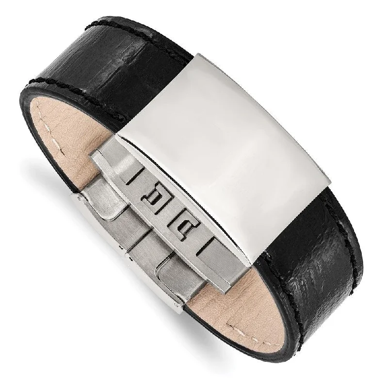 Minimalist bangle bracelets with a thin profile for a sleek and subtle appearance-Stainless Steel Polished Black Leather ID Bracelet