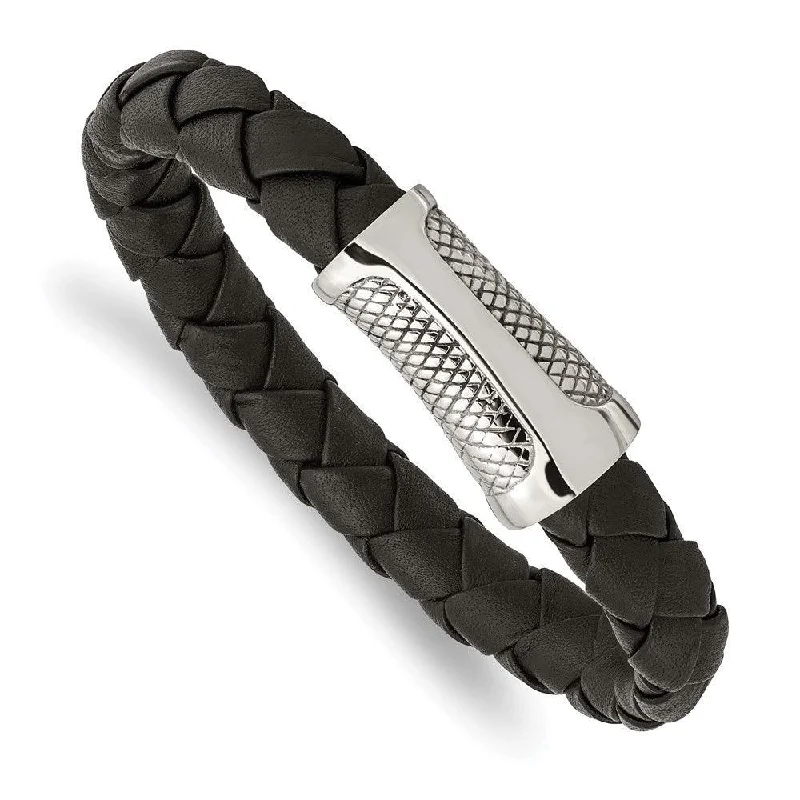 Best bangle bracelets with crystal accents for added sparkle and glamour-Stainless Steel Polished Black Leather Textured Bracelet