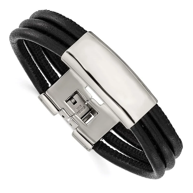 Best bangle bracelets with infinity symbols for a timeless and meaningful design-Stainless Steel Polished Blk Leather ID Bracelet