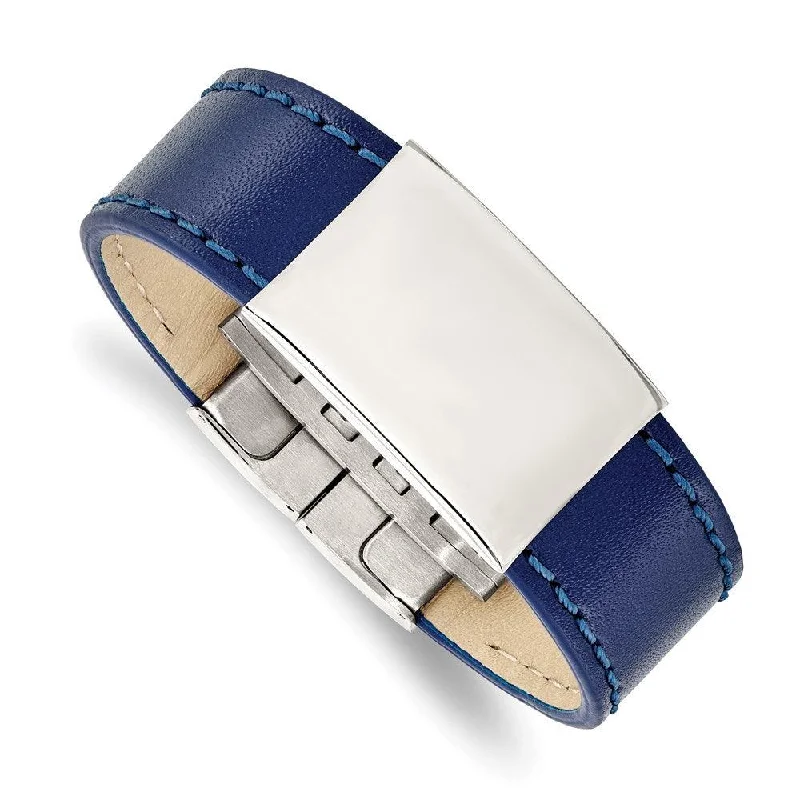 Best bangle bracelets with stacked designs for a trendy and fashionable look-Stainless Steel Polished Blue Leather 8.25in ID Bracelet