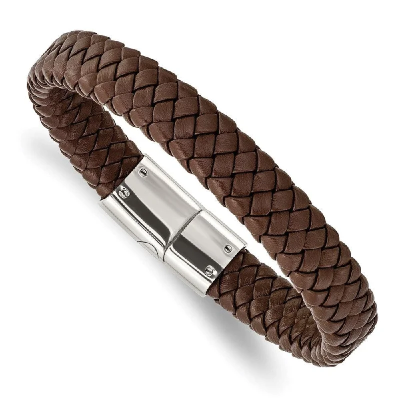 Best bangle bracelets with pastel-colored stones for a soft and delicate appearance-Stainless Steel Polished Braided Brown Leather Bracelet