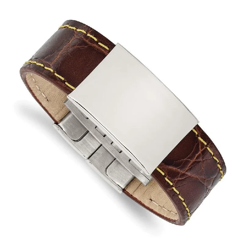 Best bangle bracelets with solid gold for an elegant and luxurious design-Stainless Steel Polished Brown Leather/Yellow Stitch ID Bracelet