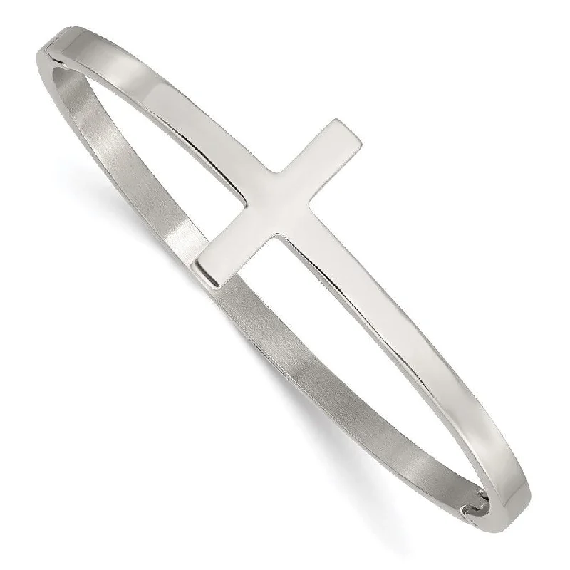 Vintage-inspired bangle bracelets with antique finishes for a retro, nostalgic style-Stainless Steel Polished Cross Hinged Bangle