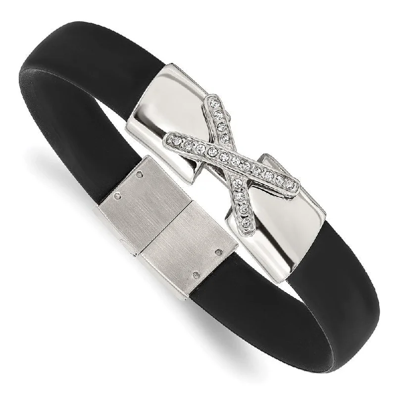 Art deco bangle bracelets with bold lines and shapes for a vintage-inspired flair-Stainless Steel Polished CZ Silicone Band Bracelet